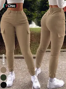 GILIPUR Y2K Khaki Textured Woven Work Pants with Multiple Pockets, Women's Slim-Fit Skinny Cargo Pants, Casual Sports Style for Summer and Autumn, All Sizes