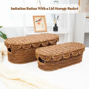 Imitation Rattan Storage Basket, Hand-woven Fruit and Vegetable Storage Box with Lid, Toy Household Living Room Rattan Storage Basket