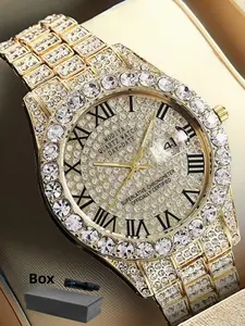 Men's Business Rhinestones Roman Scale Watch, Fashion Watch with Day Date, Daily Clothing Decor, Trendy All-match & Exquisite Watch for Birthday Gift with Box, Rhinestone Wrist Watch, Rhinestone Wristwatch