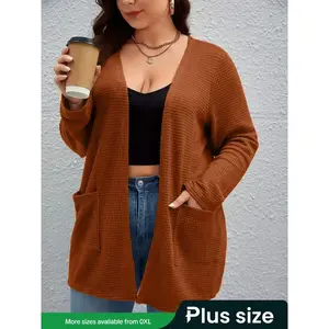 Plus-size women’s waffle-knit cardigan, fitted cut, comfortable fabric, double-pocket design, fashionable spring and autumn sweater, multifunctional top GARMENTARY