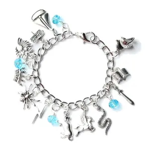 Percy Jackson Charm Bracelet Silver Plated Nickel Free Chain with Blue Crystal Beads Adjustable 7 Inches Lobster Clasp for Women