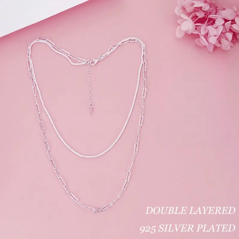 925 Sterling Silver plated Sparkly Necklace Double Layered Dainty Chain Necklace Silver Pendant Paperclip Necklaces Waterproof Minimalist Jewelry Gifts Silver Link Chain Necklace