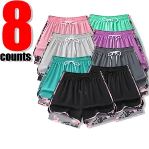 8PCS Women’s Sports Shorts Set – Faux Two-Piece Quick-Dry Yoga Running Shorts with Camouflage Trim, Color-Block Design