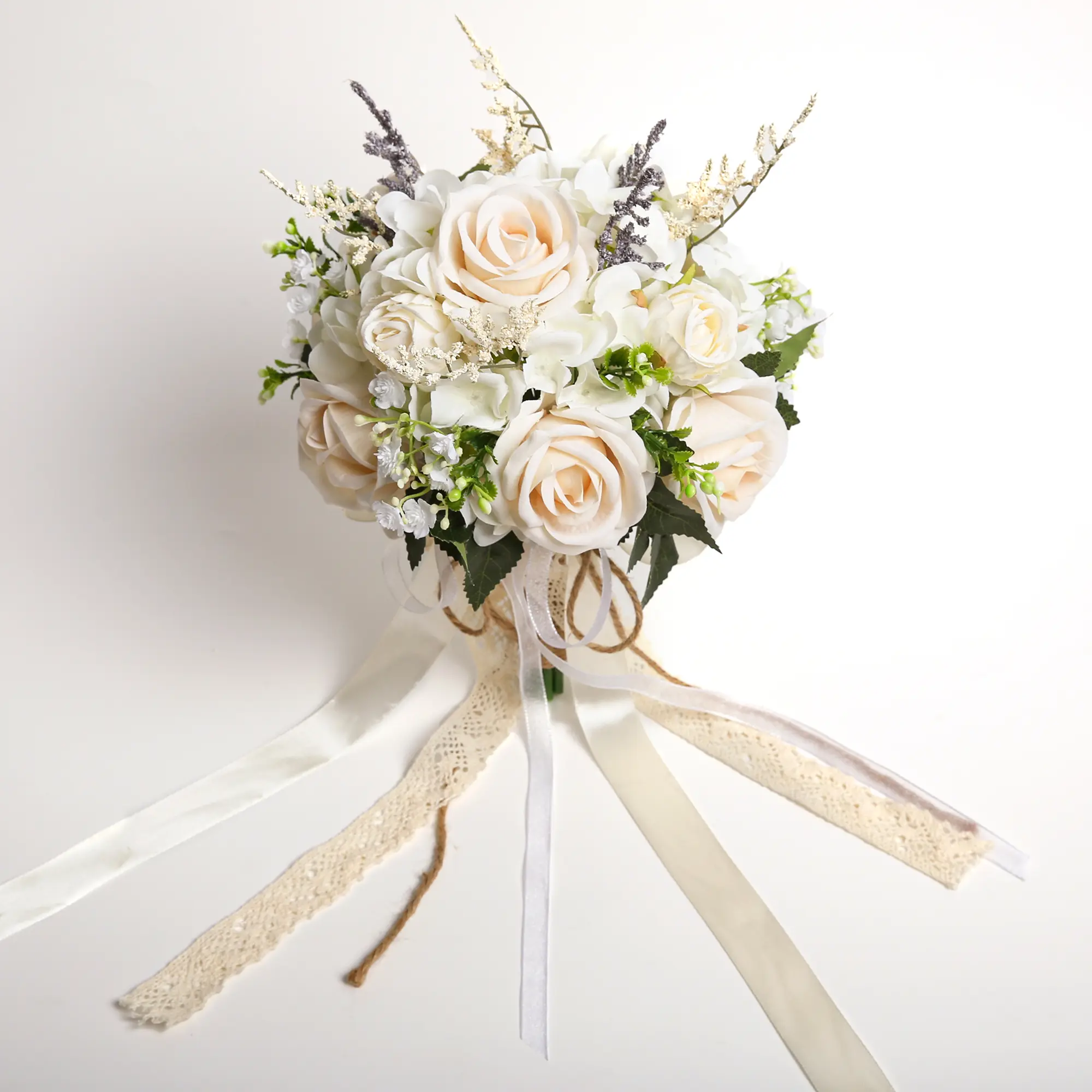 10.5in Elegant Decorative Artificial White Champagne Roses Bouquet with Ribbon Bow - Wedding Anniversary Bride Bouquet, Home & Church Ornament Supplies