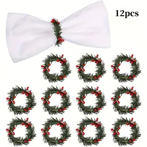 Set of 12 Christmas napkin rings, pine wreaths with red berries napkin holders, Home Decor Ornaments, suitable for winter, family gatherings, parties, and Christmas napkin decoration, for table settings