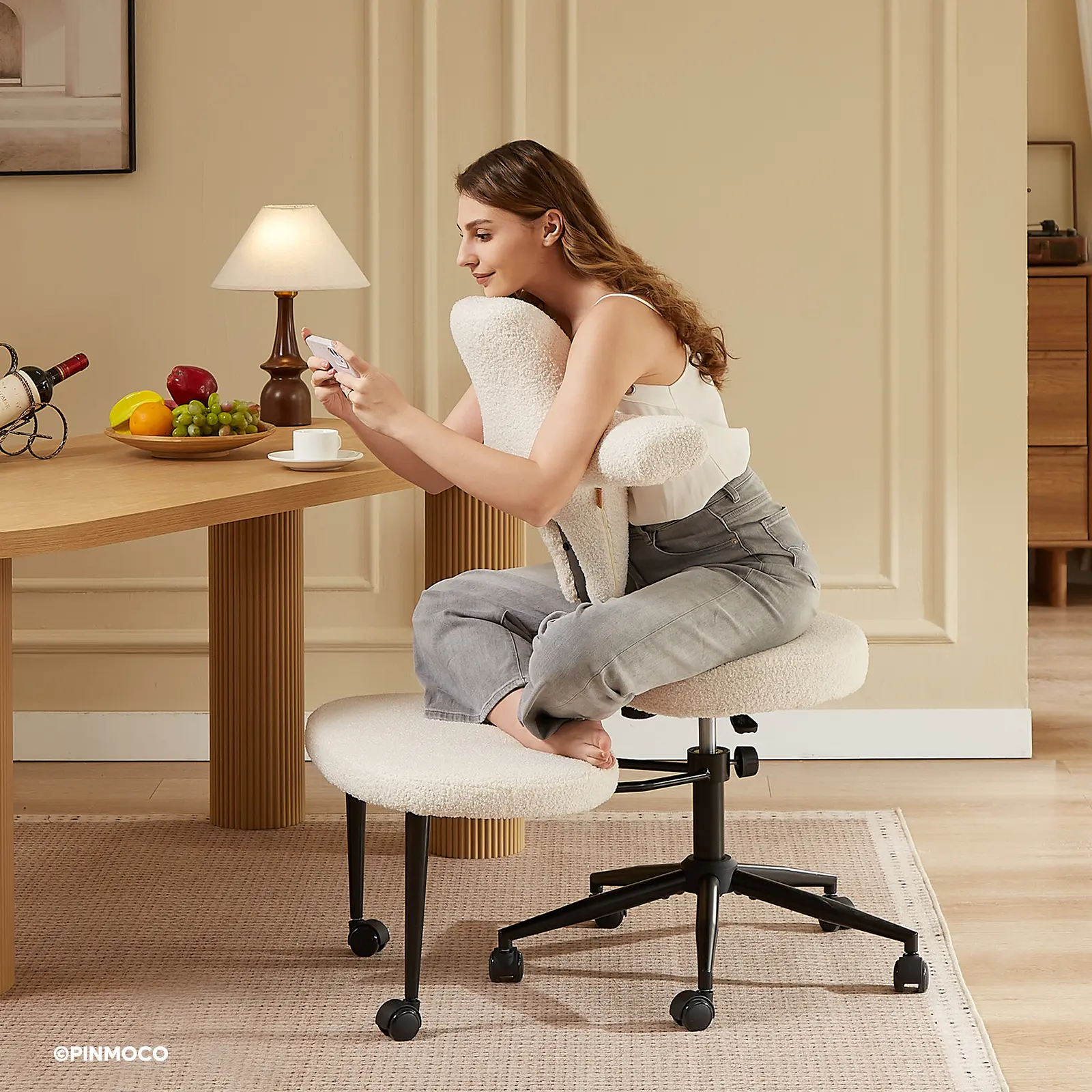 Pinmoco Extra Wide Ergonomic Criss Cross Swivel Office Chair - Teddy Fabric, Adjustable Seat Height and Depth, Reversible Seating, Sturdy Base Design, Back Health Solutions, WFH Setup ADHD Office Chair