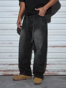 Men's light blue loose wide-leg street-style stylish fashion streetwear plain rhinestone-decorated non-stretch denim jeans pants, suitable for all seasons