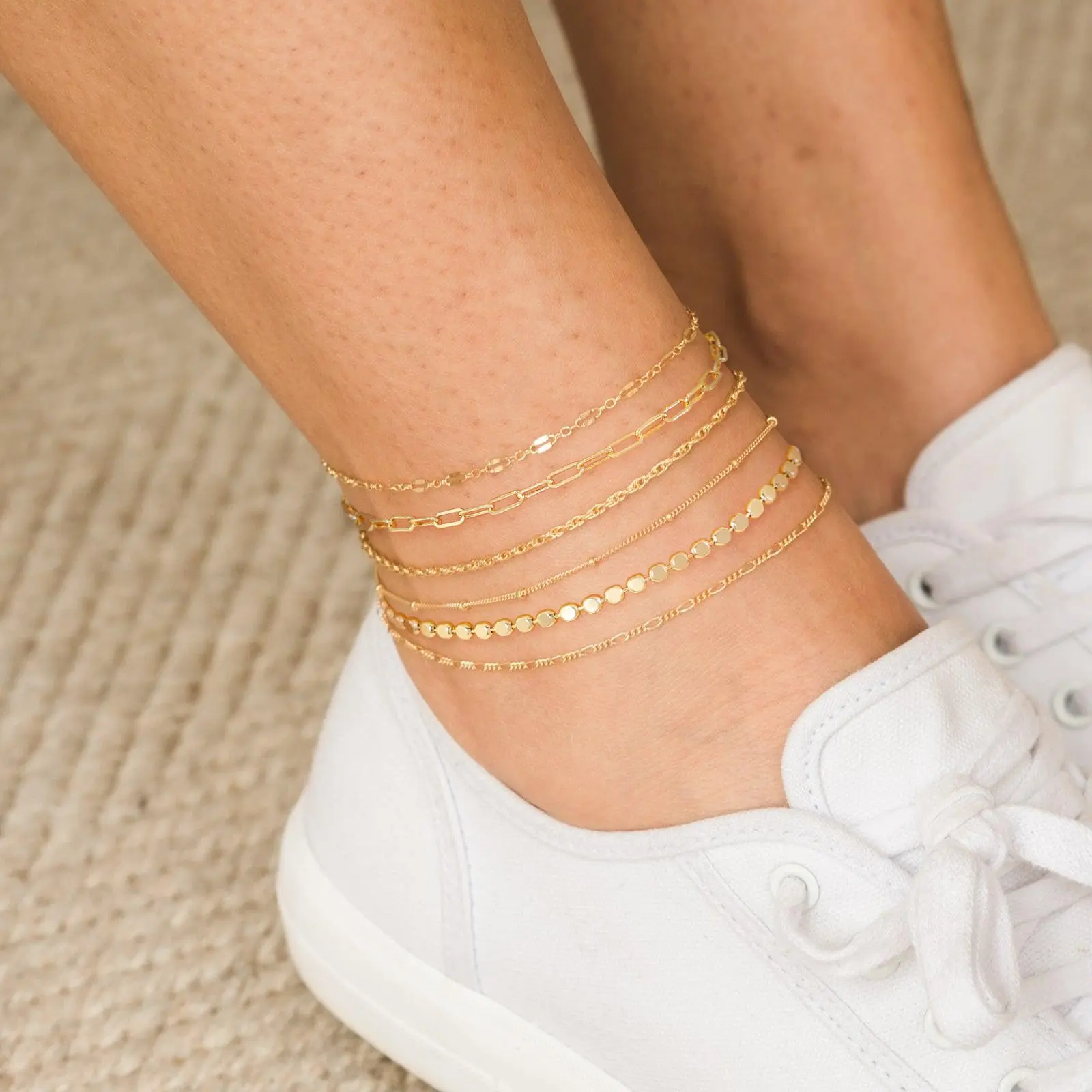 Dearmay Six-layer Stackable Gold/Silvery Anklet Chain Jewelry for Women Daily Beach Versatile Set Gift for Teen Girls&Mother