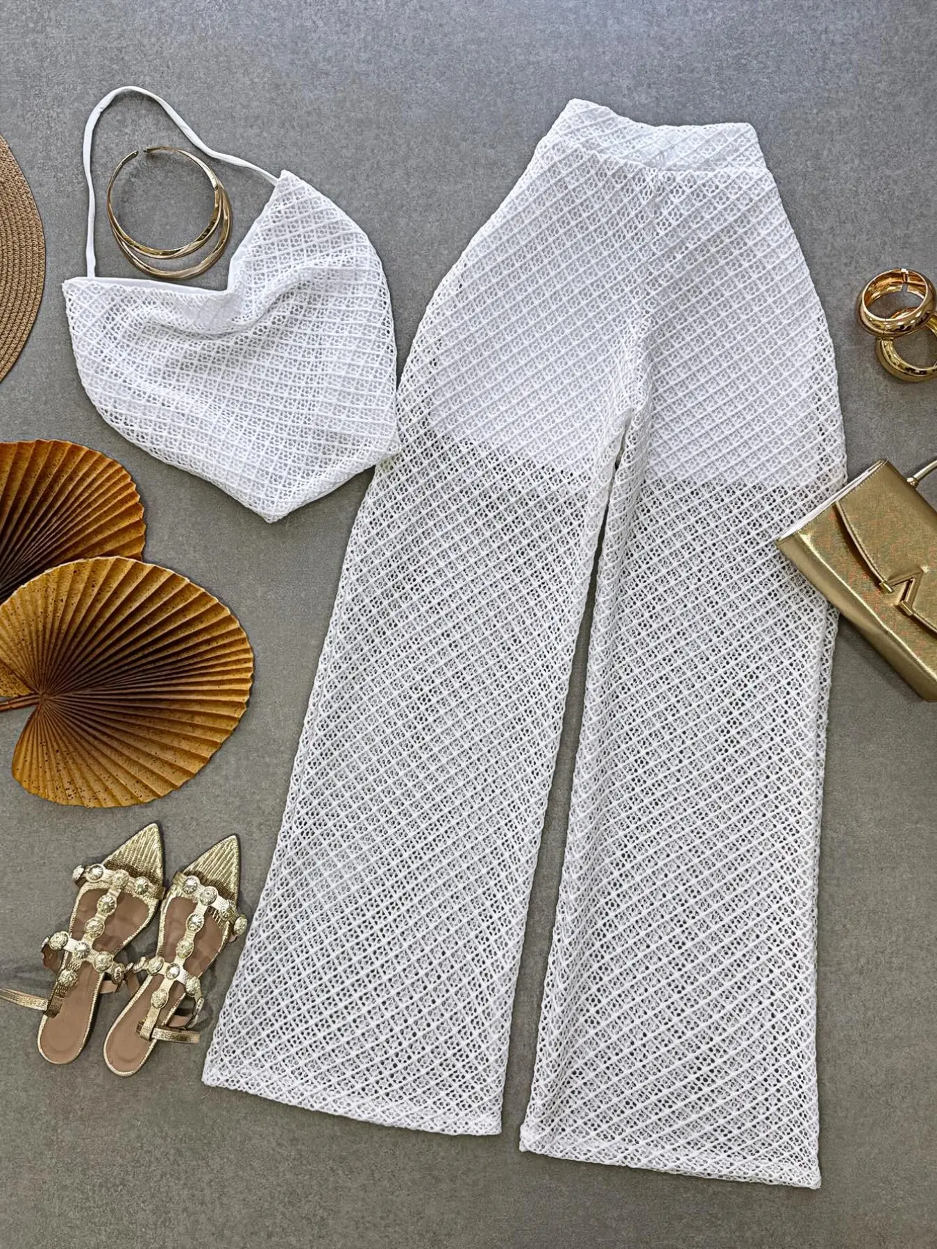 Summer Beach Set, Halter Top & Mesh Leggings, Vacation Style Two-Piece Set, Perfect for Summer Photoshoots, Trendy Beachwear