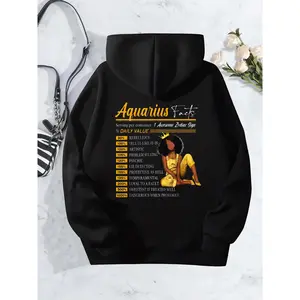 Funny Aquarius Zodiac Hoodie Long Sleeve Hooded Women's Astrology Birthday Gift Horoscope Graphic Print Sweatshirt Cool Outfit Idea