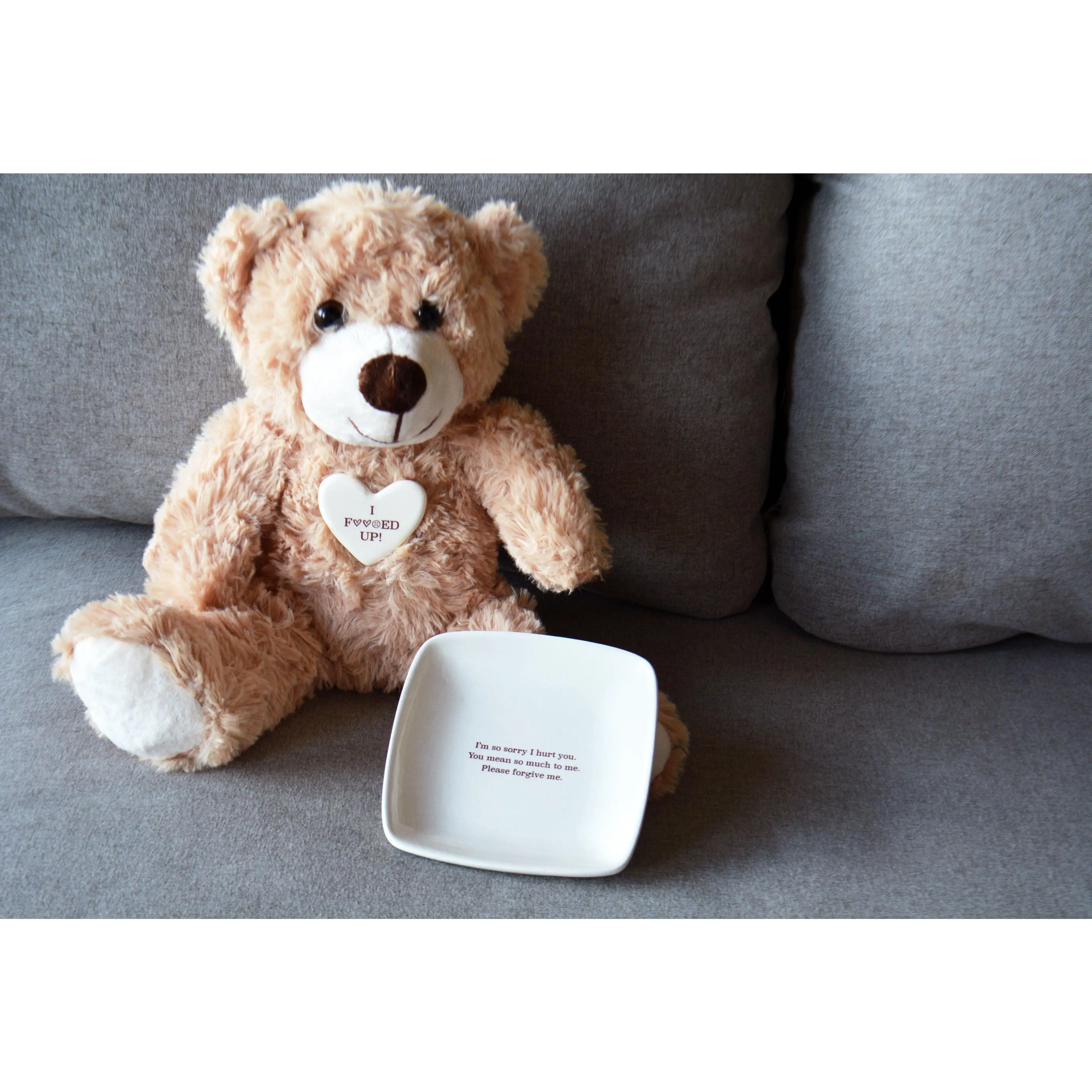 Personalized Apology Gift Set - Plush Teddy Bear with I F*ed Up Ceramic Heart Pin and Custom Keepsake Dish