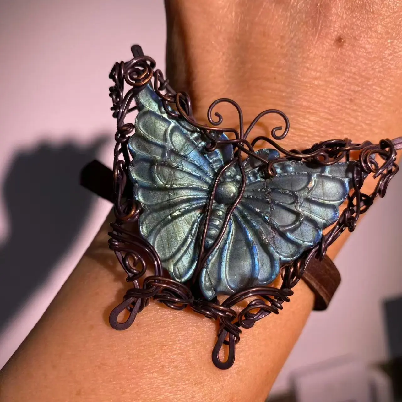 Women's Handcrafted Boho Style Bracelet - Dark Bronze Copper Wire-Wrapped, Adjustable Leather Cuff, Genuine Gems, Retro Look, Healing Crystal Bangle with Carved Labradorite, Pietersite, Tiger’s Eye, 1-of-a-Kind Positive-Energy Jewelry