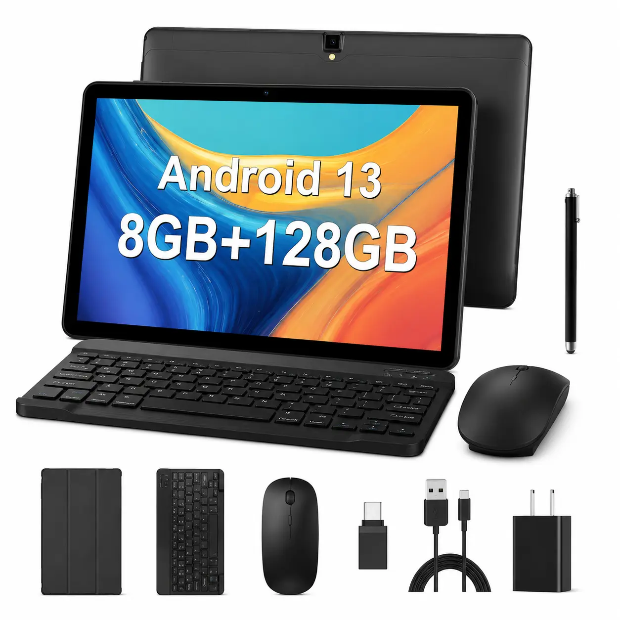 Android 13 Tablet, 10.1 Inch Tablet PC with Keyboard Mouse Case, 6GB RAM 128GB Storage, Quad-Core Processor, 8000mAh Battery, IPS Touchscreen, 8MP+13MP Camera, WiFi Bluetooth, Metal Body