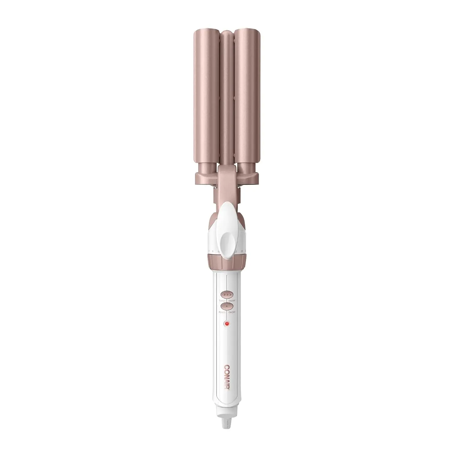 Conair Curling Iron & Waver Hair Tool, Triple Barrel, White/Rose Gold | Double Ceramic Conair curling iron with 5/8" outer barrels, a 1/2" inner barrel, 30 heat settings, and auto-off function