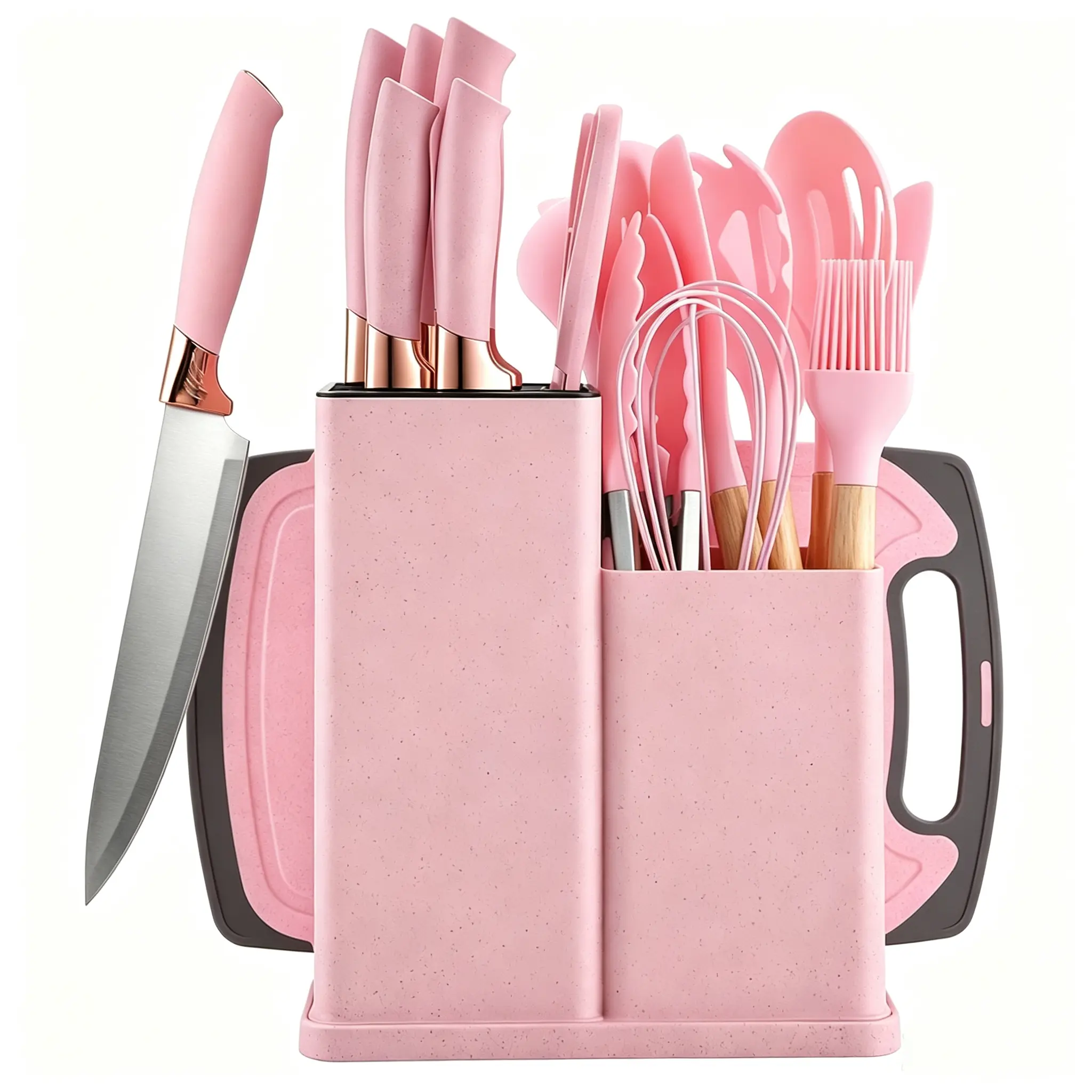 19Pcs Kitchen Knife Set with Wooden Handles – Complete Knife Block Set with Silicone Kitchen Tools, Fish Knife, Cutting Board & Holder – Pink Sturdy Kitchen Knife Set for Apartment & New Home, BPA-Free Multi-Functional Knife Set