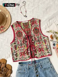 Women's Boho Embroidered V Neck Floral Vest, Bohemian Vintage Ethnic Woven Waistcoat, Fitted Front Collar Top, Fall & Winter Fashion Aesthetics, Embroidery