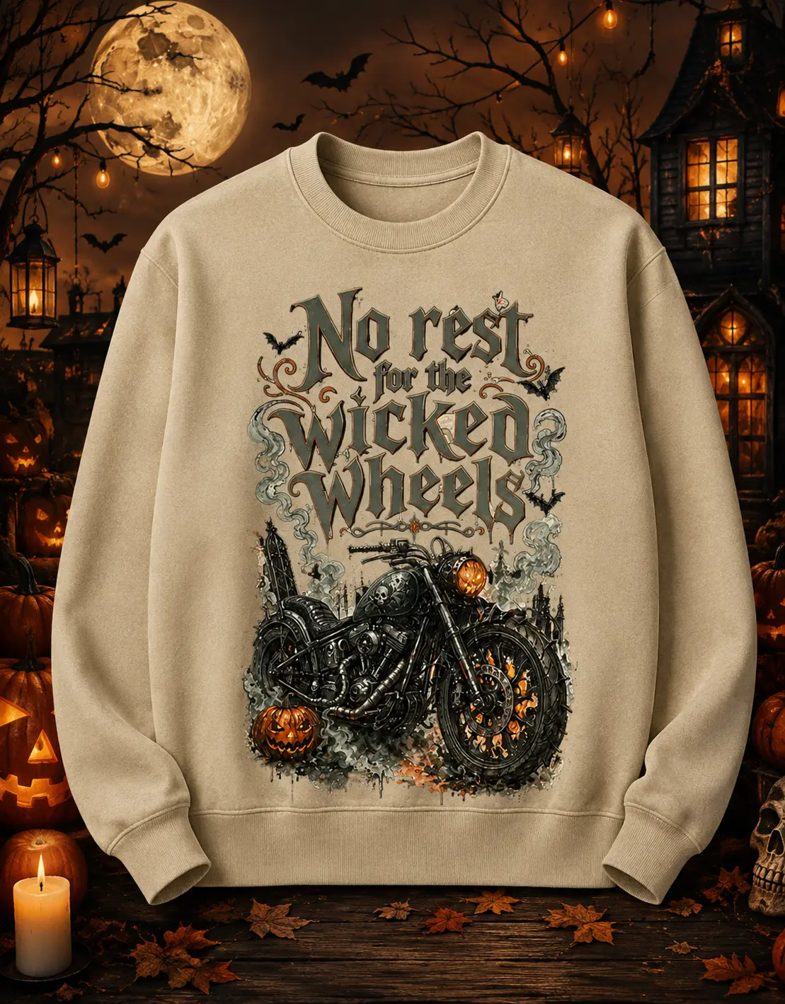 [Sale Up to 65% Off][Free Shipping] Wicked Wheels Halloween Chopper Crewneck Sweatshirt, Gothic Biker Motorcycle Sweater, Vintage Skull Rider Pullover, Spooky Season Graphic Sweatshirt, Unisex Fall Gift