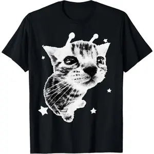 Y2K Alien Cat Meme Retro Silly Cat Vintage Kitty Funny Shirt T-Shirt Pure Cotton Graphic Tees Menswear Top Gifts for Men and Women