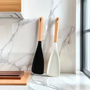 Non-Stick Cookware Spoon 12 Inch Silicone Nonstick Spatula with Wood Handle, Cooking Serving Mixing Scoop Scraper Kitchen Tool