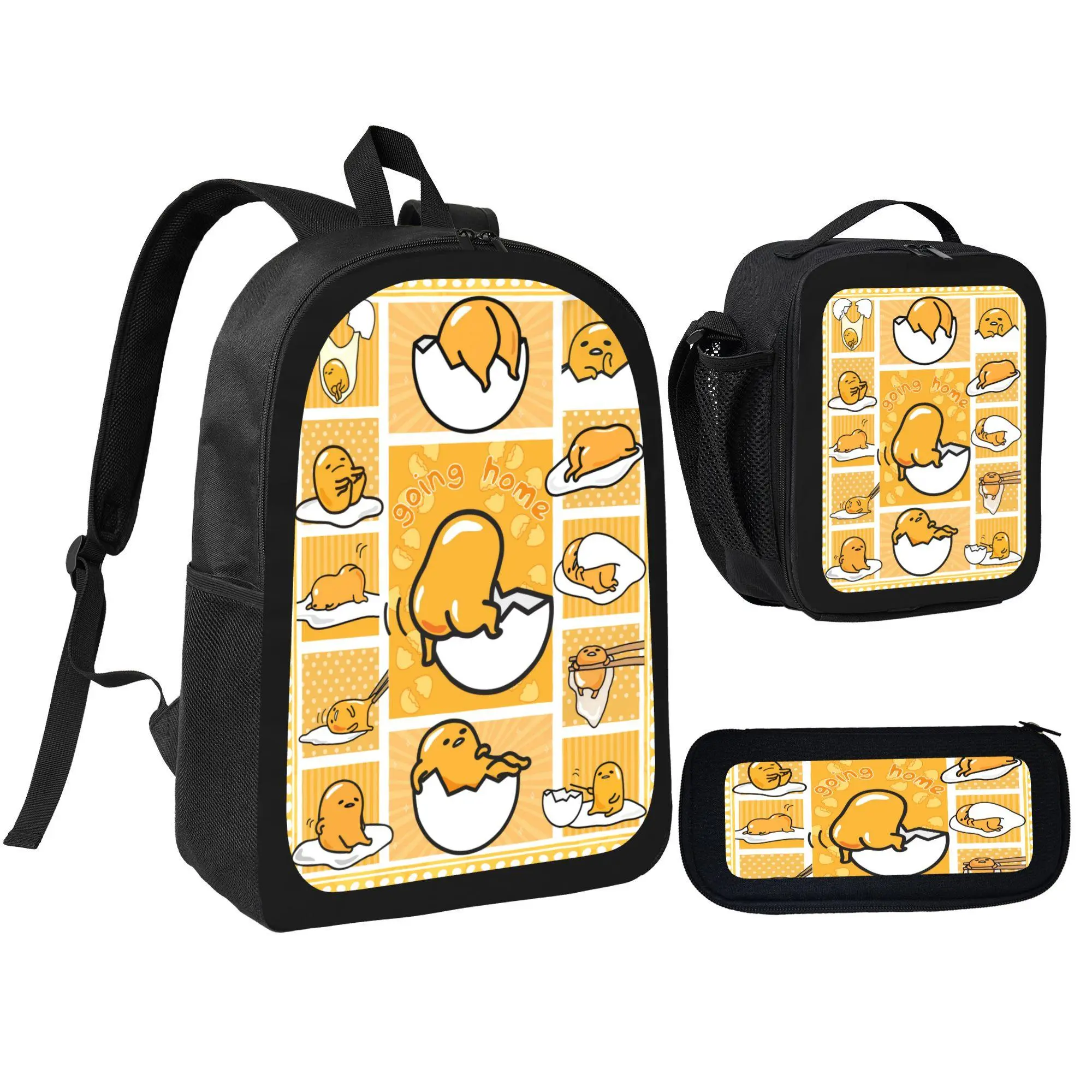 [3Pcs Backpack Set] Cute Gudetama Lazy Egg Cartoon Pattern with Lunch Bag Pencil Pouch School Bag for Kids Students Daily Use
