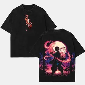 Tanjiro Kamado Fire Sun Water Breathing v6 Demon Slayer Kimetsu No Yaiba anime manga Washed t-shirt  2 sided printing Menswear graphic tee