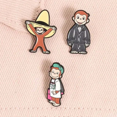 Curious George Vintage Appeal Cartoon Fun Badge Set, Alloy Brooch Pin, Suit Large Straw Hat Baseball Cap, Denim Jacket Canvas Bag Daily Versatile Decoration Accessory