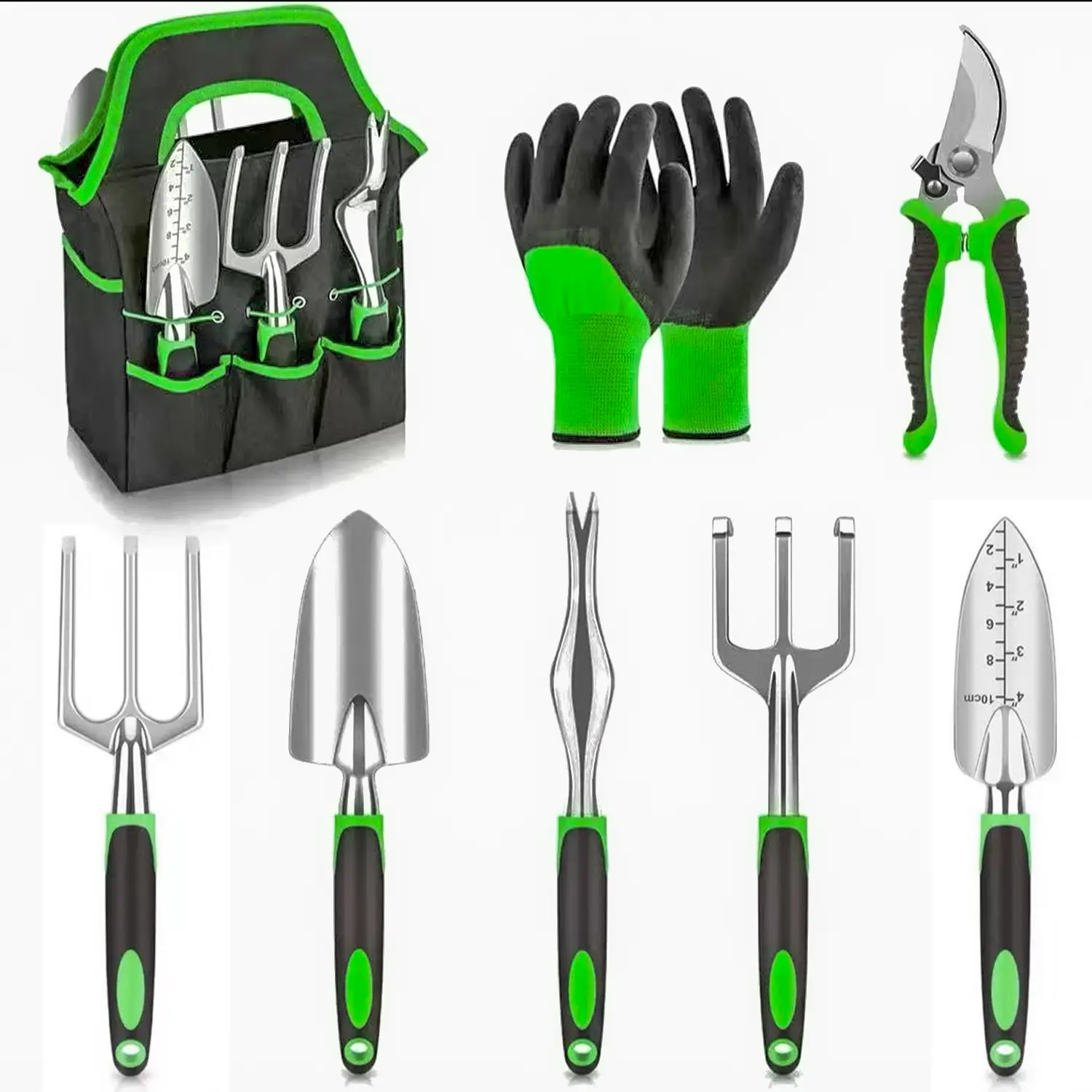 7-Pack Aluminum Alloy Garden Tool Set - Thickened Gardening Kit with Soft Rubberized Non-Slip Ergonomic Handle, Includes Hand Trowel, Transplant Trowel and Cultivator Hand Rake