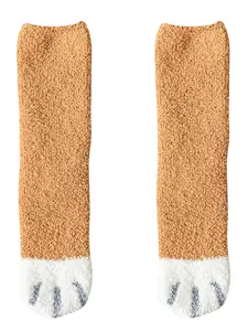 1Pair Women Winter Warm Fluffy Socks Cute Animal Claw Cat Paw Footprint Fuzzy Socks Female Thick Coral Fleece Home Floor Sleep Socks Soft Comfy Socks