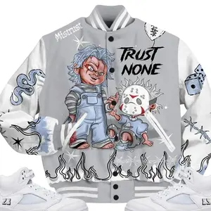 Retro White Metallic 5s Outfits Varsity Jacket, Scary Trust No One Unisex T-Shirts To Match Sneakers Streetwear