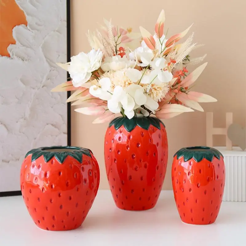 Strawberry Shaped Ceramic Vase, 3 Counts/set Creative Fruit Design Vase, Decorative Vase for Home Living Room Office Decor, Vases Home Decor, Ornaments