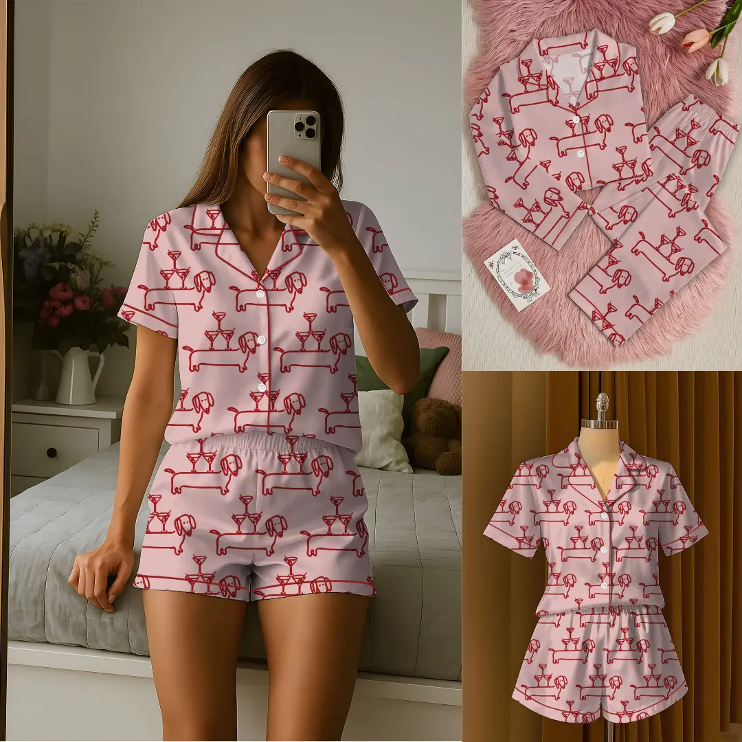 Women’s Dachshund Pajama Set, Martini & Weenies Print, Short Sleeve Satin Sleepwear, Dog Pajama, PJs Family, Pajama Gifts for Her