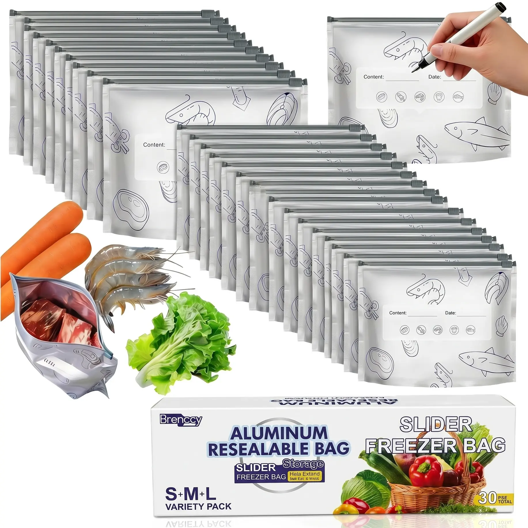 Kitchen Reusable Aluminum Foil Sealable Storage Bags Set (3 Sizes, 30pcs) - Leakproof, Write-On Labels, Meal Prep & Fridge Organization Essentials