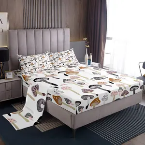 Feelyou Cute Mushroom Bedding Set - Decorative Bedsheet Sets with Lovely Botanical Plant Cartoon Design, Soft Breathable Sheet, Deep Pocket Fitted Sheet for Twin, Queen Sizes