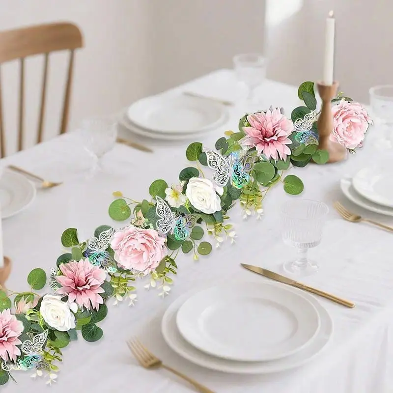 2pcs 5.9 ft Faux Eucalyptus & Pink Rose Long Vine Floral Garlands with Butterflies - Mdf+Steel Whimsical Sports & Outdoor Fan Shop Gaming Accent, Wedding Arch Decor, Party Decoration Supplies