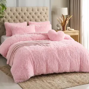 Cozy Fluffy Faux Fur Duvet Cover Set 4PCS , Super Soft Plush Bedding with Decorative Heart Pillow, Warm & Stylish Bedroom Set (No Comforter Included)