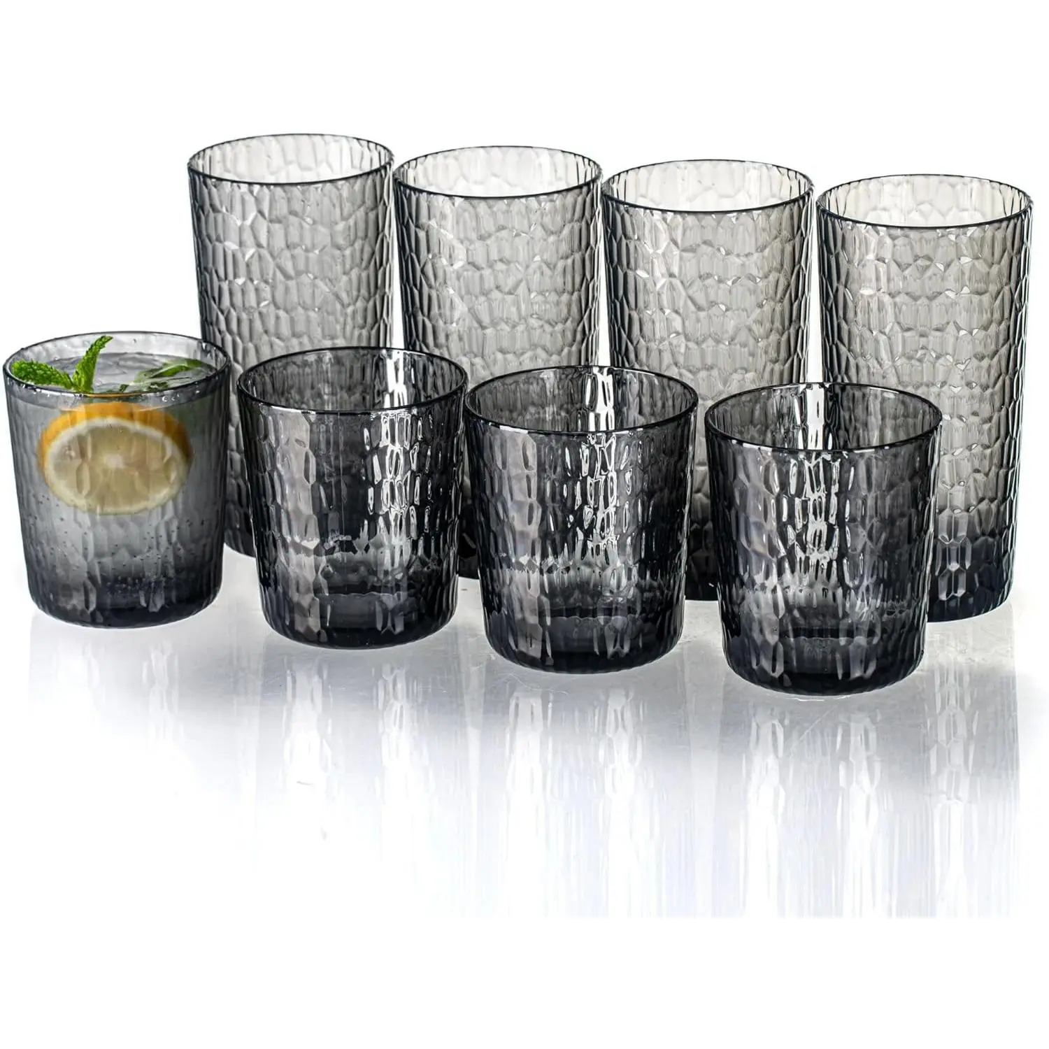 15oz and 22oz Grey  Glasses Drinkware (Set of 8),  Stackable Shatter-Proof Plastic Tumblers, Reusable Plastic Drinking Glasses, BPA-Free, Dishwasher-Safe