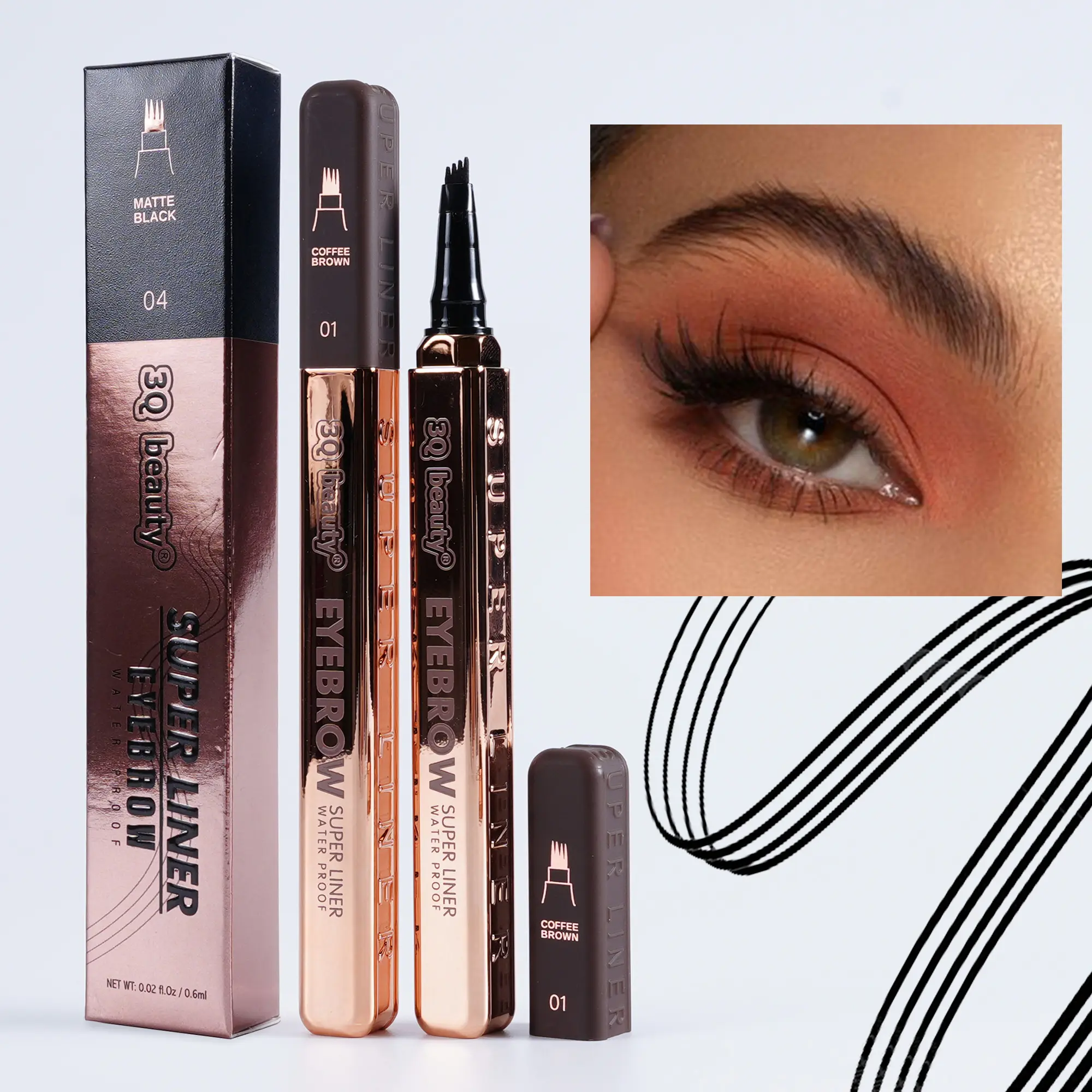 3Q BEAUTY 4-Fork Tip Microblading Eyebrow Pen - Waterproof, Long-Lasting Makeup for Natural Hair-Like Brows, Suitable for All Skin Types, Cosmetic, Brow Sculpting Marker