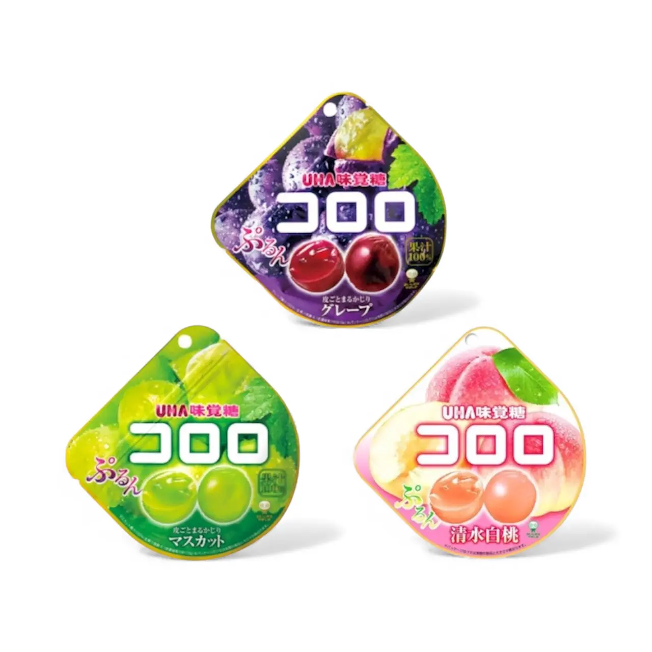 Kororo Peelable Fruit Gummies Snacks 48g Sweet Chewy Candy from Japan - Grape, Muscat & Peach Flavors