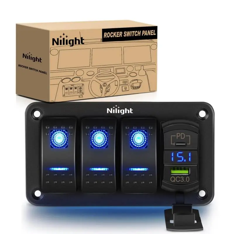 Nilight 3-Gang Metal 5-Pin Blue ON-OFF Rocker Switch Panel - Vehicle Switchboard with Transparent Voltage Meter, PD Type-C & USB Charger, 14Gauge Jumper Wires for Trucks, LED Lights, Rock Lights