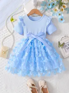 Girls' Butterfly Decoration Dress, Short Sleeve Waist Cinched Princess Style, Summer Blue Mesh Party Dress, Perfect for Birthdays & Festivals