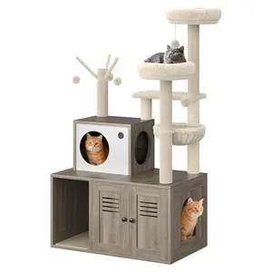 Garvee Large Cat Tree with Litter Box Enclosure,3-in-1 Cat Tower, Hidden Pet Washroom Furniture,Wooden Multi-Level Cat Condo Furniture with Sisal Scratching Posts,Soft Plush Perch, Hammock,Grey