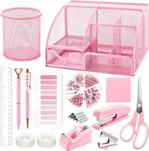 11 Pcs Pink Office Supplies Set Mesh Desk Organizer Accessories Kit Including Stapler Tape Dispenser Staple Remover Clips Ruler Scissors Sticky Notes for Office School Home Women(Pink)