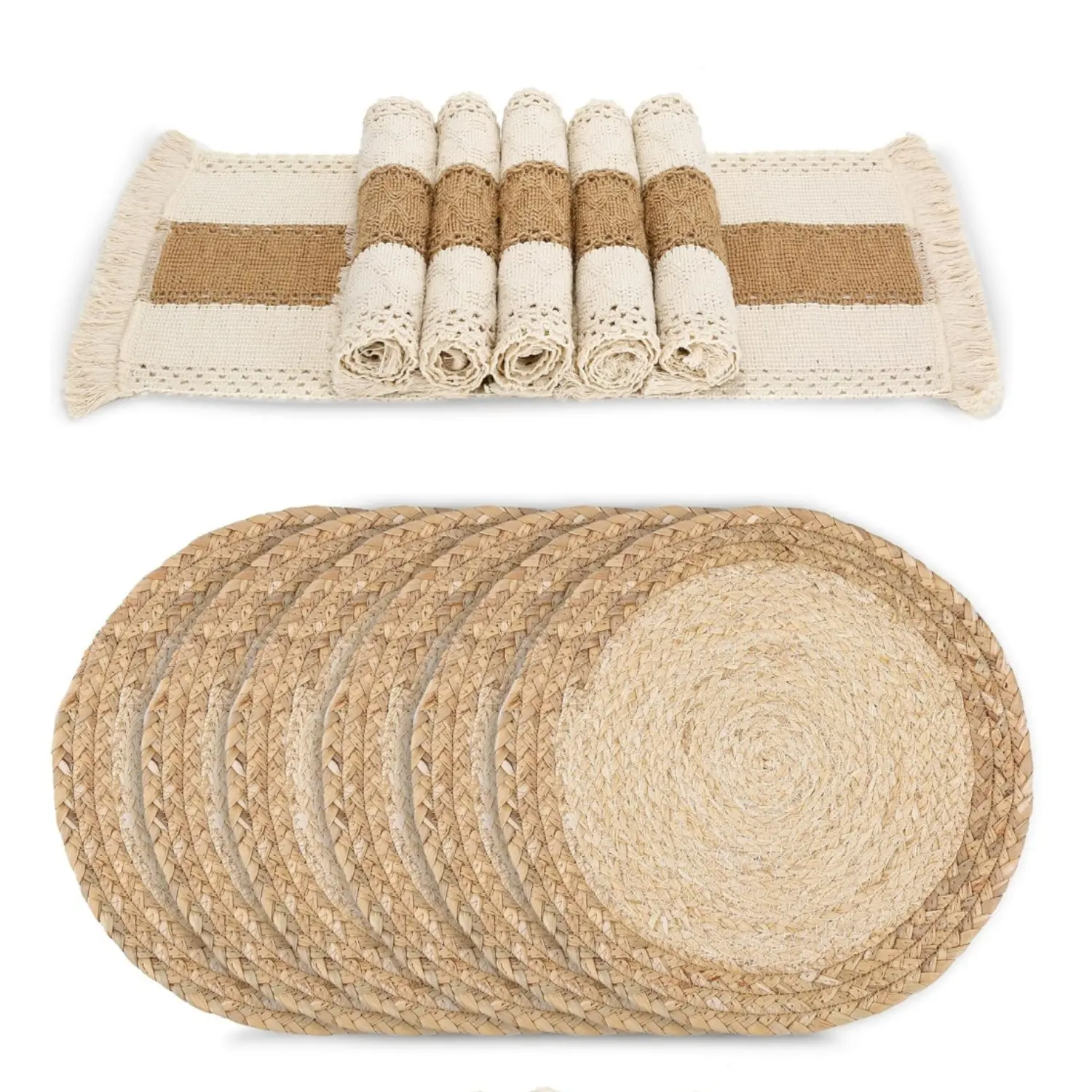 6pcs Household Handwoven Placemats Set - Round & Square Boho Handplacemat, Natural Cotton Jute Water Straw Handmade Braided Kitchenware, Farmhouse Rustic Tableware for Dining-Kitchen Table, Birthday Home Improvement