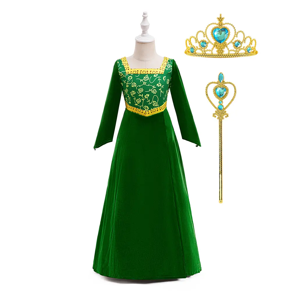 3-9Y Green Kids Clothes with Crown Magic Wand 01 Role-playing Cartoon Cosplay Costume Fancy Carnival Stage Performance Princess Theme Holiday Party Frock Girls Long Sleeve Ball Gown Children Dresses for All Season