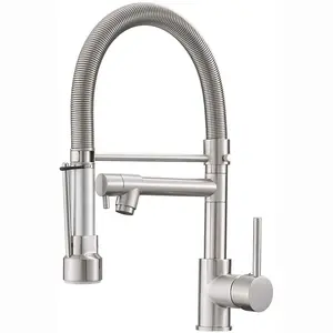 Commercial Kitchen Sink Faucet with Pull Down Sprayer Brushed Nickel, Spring Kitchen Faucet with Dual Rotatable Spouts, Single Handle Hot and Cold Water Faucet with 360° Swivel for Farmhouse Utility RV Sink