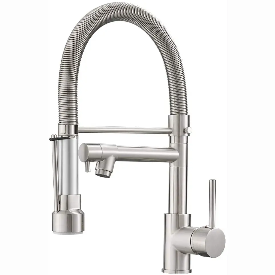 Commercial Kitchen Sink Faucet with Pull Down Sprayer Brushed Nickel, Spring Kitchen Faucet with Dual Rotatable Spouts, Single Handle Hot and Cold Water Faucet with 360° Swivel for Farmhouse Utility RV Sink