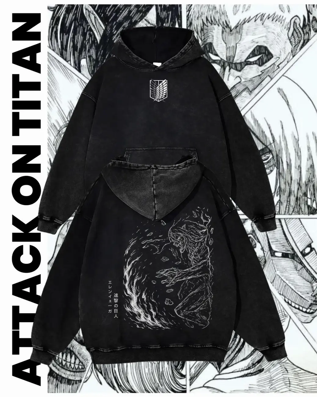 Men's Attack on Titan Cotton Hoodie - 2-Sided Eren Yeager Graphic, Snow Washed, Long Sleeve, Winter Warm Apparel, Menswear Tops, Casual Shirt, Oversized, Printed, Soft, Seamless, Pieces, Two-Sided Art