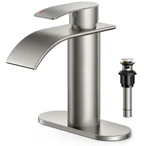 FORIOUS Waterfall Bathroom Faucet Single Handle with Deck Plate, Metal Pop up Drain, cUPC Hoses for Vanity, Basin, Rv, Lavatory Sink, Drip-Free Stability, Rust-Resistant, 3/8" Hoses Included - Decorative