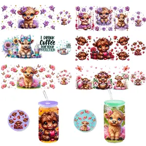 3 Sheets （cow） UV DTF Cup Wraps - Bundle 3 Sets （cow ）Decals for 16oz Glass Cups | Includes Lid Stickers (Top/Bottom), 12.32x4.33 Inch DIY Transfer Stickers, Holiday Gift Decor Floral Pattern Sticker for Coffee Mugs & Tumblers