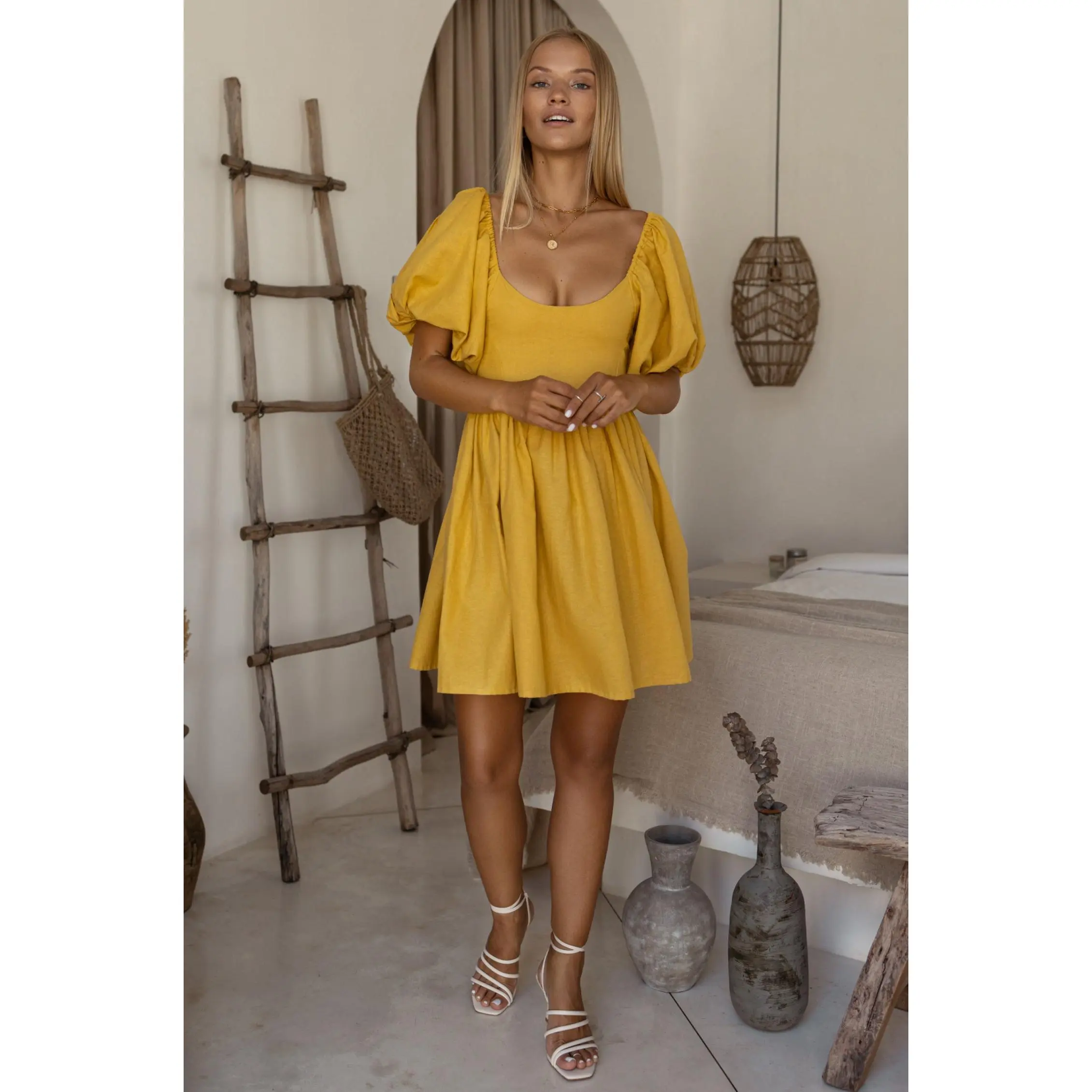 Strawberry Fields Puff Sleeve Mini Dress - Honey Cream